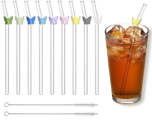 9 PCS Set Strohhalme Glas Wiederverwendbar mit bunten Schmetterling, Gebogene Trinkhalme aus Glas mit 2 PCS Reinigungsbürsten für Säfte, Cocktails und Bubble Tea