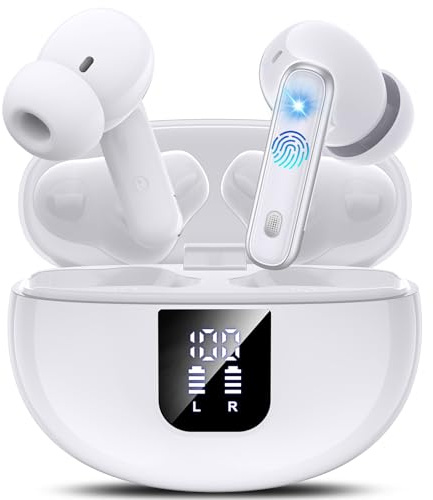 EUQQ Cuffie Bluetooth 5.4 - Auricolari Bluetooth 6-7 Ore Cuffiette con 6 HD Mics ANC/ENC Cancellazione Rumore con Stereo HiFi, 36 Ore di Riproduzione con LED per iOS Android, USB-C, Bianco (2025)