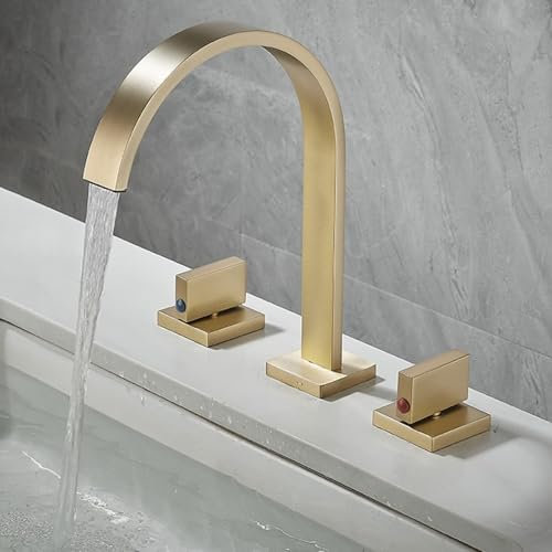 ZYCDP Miscelatore Lavabo 3 Fori Rubinetto Lavello Bagno a Cascata con 2 Manopole Oro Spazzolato