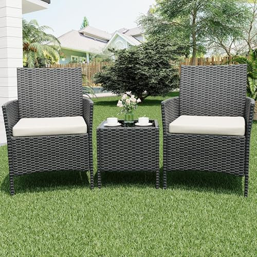 Rattan Gartenmöbel Set, Balkonmöbel Set mit Wetterfeste Gartentisch und 2 Stühlen, Balkon Sessel Set Lounge Gartenmöbel Garten Sitzgruppe Gartengarnitur Patio Furniture 3 Teiliges (schwarz)