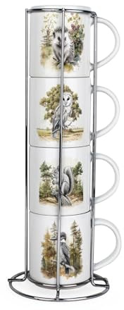 Purely Home British Animals & Birds Stacking Mugs Set - Set of 4 Small Ceramic Mugs Gift Set with Metal Stand