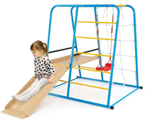 COSTWAY Klettergerüst Indoor, 6 in 1 Schaukel & Rutsche & Kletterstange & Kletterleiter & Seilwand, Kinder Spielplatz Metall, für Kinder ab 3 Jahre