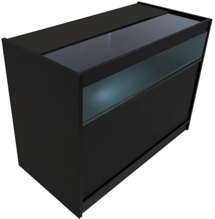 Black Shop Counter LED Light B 1200mm Lockable Sliding Doors 2 Keys Retail Storage Unit Display Showcase Cabinet Reception Desk Clothing Jewellery Store 3 Shelves 1 Glass 2 Enclosed White Lighting