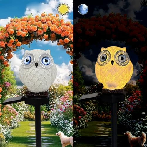 Solar Powered Weiße blaue Augen Eule Lichter, Garten dekoratives Harz niedliche Tier Bodenlampe, drahtlose Dämmerung zu Dawn LED warme Lichter wasserdicht.