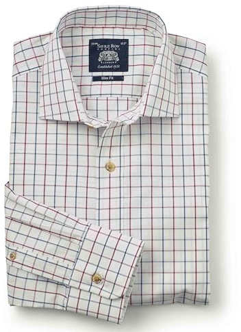 THE SAVILE ROW COMPANY LONDON Men's Slim Fit Cotton Poplin Single Cuff Formal Shirt - White Burgundy Tattersal Check - 16 Collar