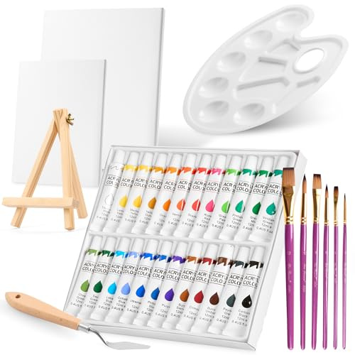 Genérico Kit Completo de Pinturas Acrílicas con Caballete de Madera Plegable – 24 Colores, 6 Pinceles, Lienzos, Espatula, Paleta – Ideal para principiantes y Manualidades Infantiles.