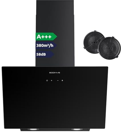 Soonye Hotte Aspirante Inclinée 60cm Classe A+++, Hotte de Cuisine 380m³/h, Écran Tactile LED,Filtres à Charbon Inclus,Hotte Murale Évacuation extérieure ou Recyclage,Noir