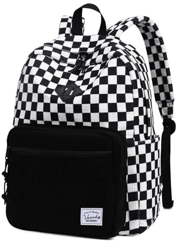 VASCHY Cord Rucksack Damen, Schulrucksack Teenager Cute Backpack für Jugendliche Mädchen Schule Uni Reisen, Schwarz-Weiß-Karomuster