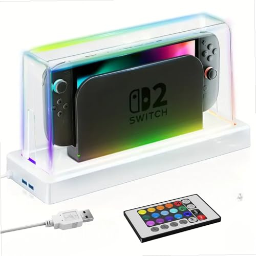 Coradoma Schutzhülle Acryl Case mit LED Beleuchtung kompatibel mit Nintendo Switch 2 Modell – Transparente Staubschutzhülle, Staubschutz und Zubehör Schutz und Dekorationsgehäuse mit Fernbedienung