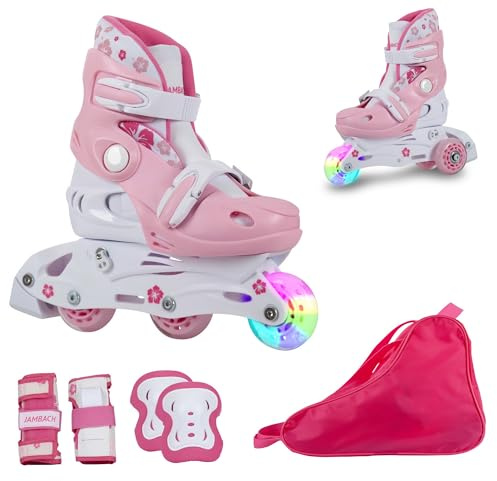 JAMBACH Kinder Inline-Skates verstellbar zum Rollschuh mit Protektoren-Set ohne Helm (pink, M 34-37)