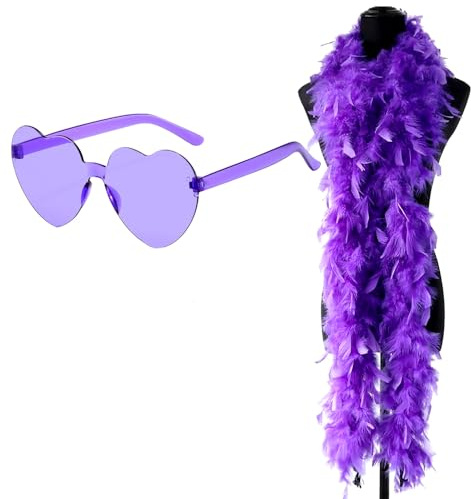 Federboa, 2M Federschal Kostüm Zubehör Flauschige Federboa mit Partybrille Feder Boas für Frauen Turkey Feather Boas Dekorieren für Hochzeit,Ankleiden Party, Cosplay,Karneval(Lila)