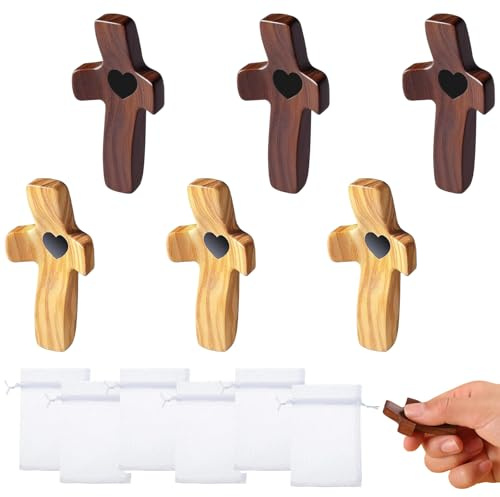 6 Stück Geschnitztes Holzkreuz, Handschmeichler Kreuz mit Herzen Handgeschnitztes Liebeskreuz Walnussholz und Wachsbaumholz Handgeschnitztes Liebeskreuz für Gebet Meditation und Entspannung (5 x 2.5 c