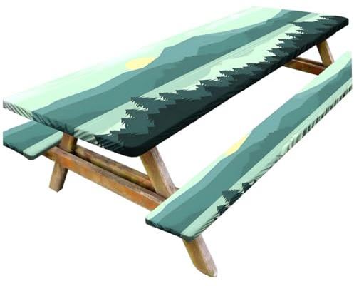 Picknicktisch-Abdeckung mit Bank-Abdeckungen, 3-teiliges Set, Picknick-Tisch-Abdeckung mit Bank-Abdeckungen, 2, 4 m elastische Camping-Tuch, wasserdichte rechteckige Tischdecke