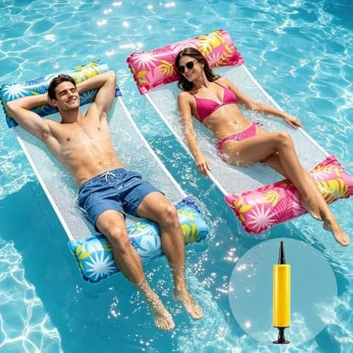 Luftmatratze Pool 2 Stück 125 * 70cm Wasserhängematte mit Netz 4 In 1 | Luftmatratze mit Netz Inkl Luftpumpe für Pool Spielzeug Wasserspielzeug Zubehör Erwachsene Kinder Schwimmbad Strand
