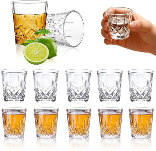 VIQIHEOE set di bicchierini, 12 pezzi in cristallo, bicchierino piccolo da 50 ml, bicchierino per whisky, bicchierino da shot con fondo pesante, per feste, party, riunioni (fondo piatto)