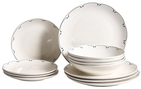 Vajilla de 12 piezas de porcelana acabado esmaltado transparente con ribete decorativo blanco y azul Charoli