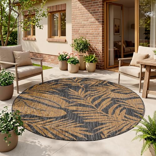 HomebyHome Outdoor Teppich Schwarz Natur Jute Optik Rund 200 cm Balkon Terrasse Garten Wetterfest UV-beständig Groß XL Palmblatt Flachgewebe Pflegeleicht Robust Modern