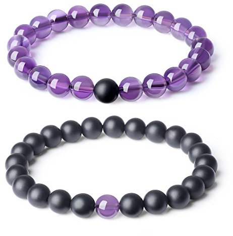 COAI Geschenkideen Glücksarmband aus Amethyst und Eingeschliffenem Onyx EIN Paar Partner Armbänder