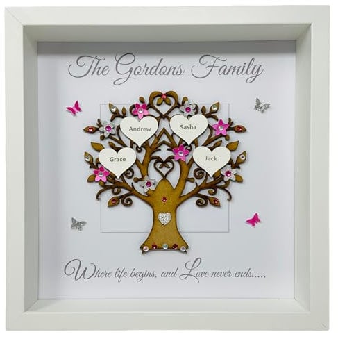 Personalised Family Tree 3D Box Picture Frame Bright Pink & Silver Glitter or 12 Colours To Choose - Up To 14 Names - Contemporary