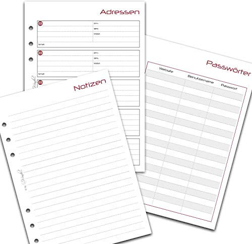 SinnWunder® 50 Blatt Planer-Notiz-Set – mit Notiz-Seiten, Adressen, und Passwortlisten für Ringbücher mit 6 Ringen im Format DIN A5
