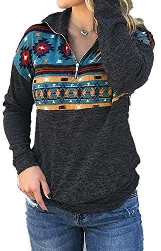 Voopptaw Damen-Sweatshirt, halber Reißverschluss, lässig, Azteken-Print, langärmelig, Pullover, Top mit Tasche - Blau - Groß