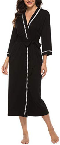 Vlazom Womens Dressing Gown Soft Kimono Robe V-Neck Long Knit Bathrobe Nightwear Sleepwear for All Seasons, Black, L