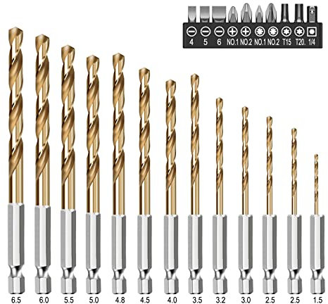 Mostop Steinbohrer bohrer set, Titanium Twist Drill Bits & Electric Screwdriver Bits, 13 Stück Bohrer Tool 1.5mm-6.5mm,zum Bohren Beton,Stein, Keramikfliesen