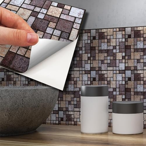 WALPLUS 96 Stück 15x15cm Braunes und beigefarbenes Steinmosaik Braun Wandfliesen Aufkleber Schälen und Kleben Backsplash Abziehbilder Startseite Dekore Aufkantung für Küche Badezimmer Kacheln Farbe