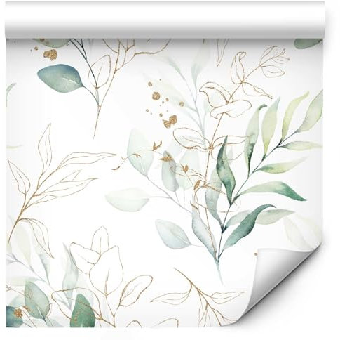 murando - Tapete selbstklebend 10m Wandtattoo dekorative Möbelfolie Dekorfolie Fotofolie Panel Wandaufkleber Wandposter Wandsticker - Blätter Natur golden weiß grün Äste b-B-0570-j-a