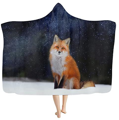 HUGS IDEA Foxes - Manta con capucha para sofá, hogar, oficina, mantón de siesta, lindo reloj, manta de microfibra, azul marino, zorros de nieve, manta de microfibra suave, M