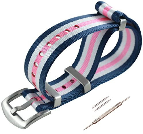 MZBUTIQ 20mm Blau/weiß/rosa Sicherheitsgurt Uhrenarmband Nylon Watch Straps Ersatz für Herren Damen Gebürstete Schnalle