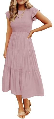 ZESICA Robe mi-Longue décontractée à Volants et Manches Courtes pour Femme, col Ras du Cou, froncée, Taille élastique, été, Rose foncé, Taille S