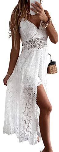 CUPSHE Damen Jumpsuit Kleid V Ausschnitt Weites bein Kurz Romper A-Linie High Low Spitzenkleid Hosenanzug Playsuit Weiß L