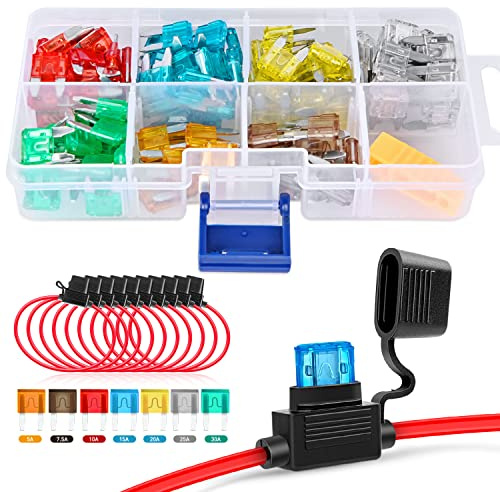Nilight 120 Stück Mini-ATM/APM-Flachsicherungen, 5 A/7, 5 A/10 A/15 A/20 A/25 A/30 A, sortiertes Set mit 10 Stück 14 AWG ATC/ATO Inline-Sicherungshalter