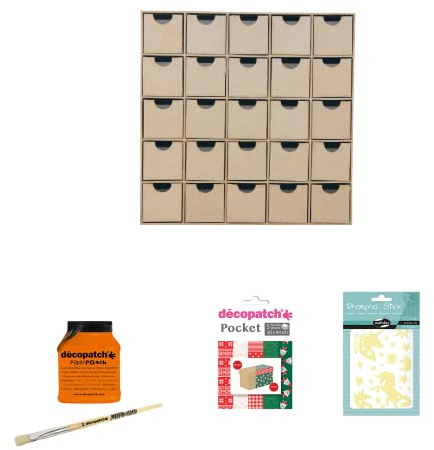 Décopatch (gamme loisirs Clairefontaine) HD018AMZC - 1 lot ''Calendrier de l'avent'' 5x25x25cm, 1 pinceau, Vernis colle, 1 sachet de gommettes Or et 5 feuilles de papier imprimé 30x40 cm