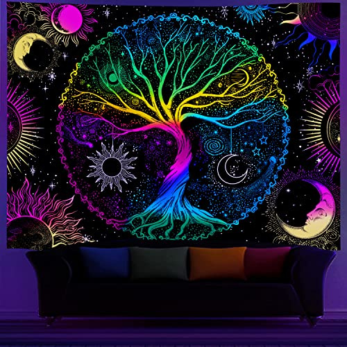 AACKart Schwarzlicht-Wandteppich für Schlafzimmer, ästhetische Raumdekoration, Baum des Lebens, Wandteppich, UV-Reaktiv, spiritueller Wandteppich, leuchtet im Dunkeln, 229.9x179.8 cm