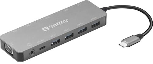 Sandberg USB-C 13-in-1 Travel Dock, USB-C Hub mit 4X USB-A 1x USB-C 2X HDMI VGA Ethernet Audio Speicherkartensteckplatz 1x USB-C (100W), Dreifacher digitaler Ausgang, Multiport-Adapter für Laptop