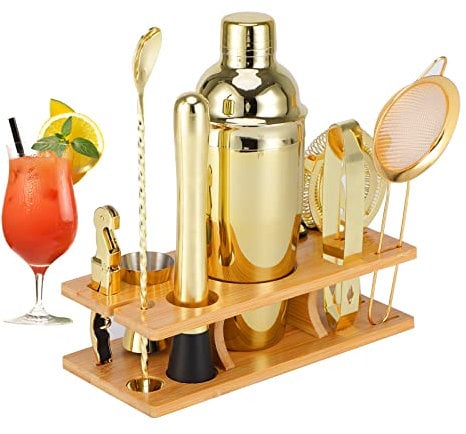 OBALY Kit Barman 11 pièces Cocktail Shaker-Muddler pour Cocktails 25oz Accessoires de Bar Shaker Boston avec Stand élégant en Bambou Mix Drink Shaker Kit Parfait Martini Kit avec livret de Recettes