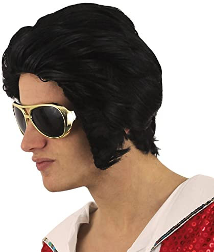 Elvis-Perücke für Erwachsene, Kostümzubehör, King of Rock, Rock-n-Roll, Quiff, Musikerperücke, 1950er-Jahre-Stil, schwarzes Kunsthaar