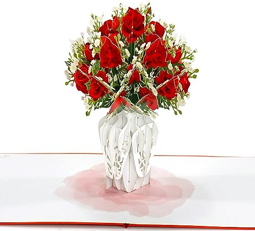 CUTPOPUP Rote Rosen Karte- Geburtstagskarte Frau, Muttertagskarte Pop-Up, Blumen 3D geburtstagskarten für Ehefrau, Tochter, ihr Mädchen, Schwester, Mutter (Red Roses Card) US8-FL161DE