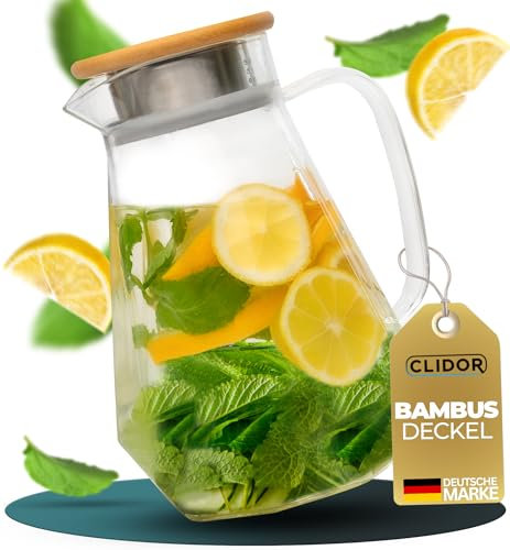 CLIDOR ® Wasserkaraffe I 1,5 Liter I verstärkte Glasstärke I Karaffe für Heiß- & Kaltgetränke geeignet I Tropffreier Ausguss I moderne Glaskaraffe I Teekanne Glas I robuste Glaskaraffe mit Deckel