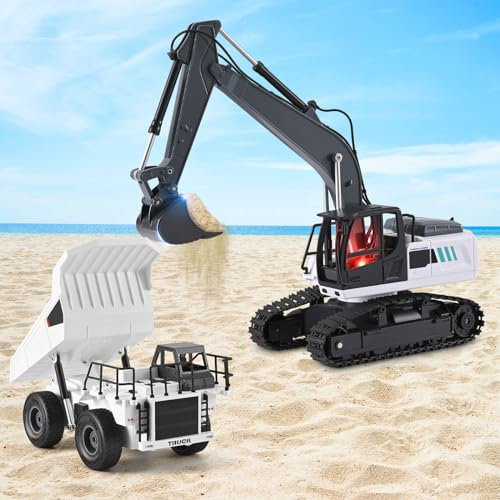 Lischwert véhicules de Construction télécommandés, Pelle RC à l'échelle 1:24 et Camion à Benne basculante RC avec lumières et Sons, Jouet de camions de Pelle pour garçons Filles de 3 à 12 Ans