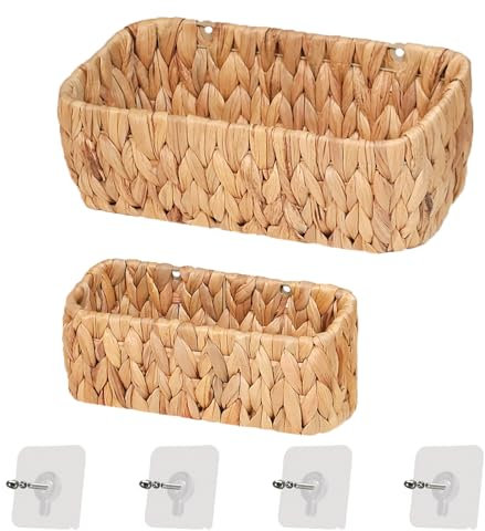 Ellinia Woven Hanging Wall Baskets for Storage, Water Hyacinth Bathroom Wall Mount Organizer, Wicker Wall Baskets Decor for Letters and Mail, Food Storage Basket, Toilet Tank Basket, Set of 2