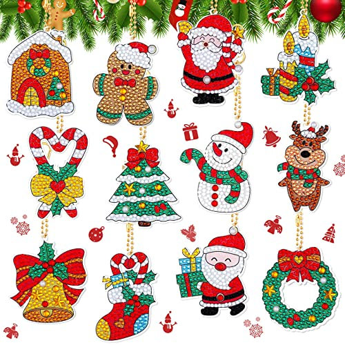 Alluring Diamond Painting Weihnachten Anhänger, 12 Stück 5D Diamant Painting Schlüsselanhänger Weihnachten Sets Kinder DIY Diamanten Malerei Schlüsselbund Kits Erwachsene für Decor
