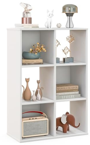 COSTWAY 6 Cube Bookcase, Wooden Storage Bookshelf Open Display Shelving Unit with Anti-Tipping Kits, Cube Storage Cabinet Record Player Stand Organizer for Living Room, Bedroom and Office