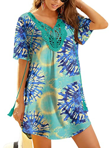 Ekouaer Beach Dresses for Women V-Neck Bikini Cover Ups Lace Crochet Short Sleeve T Shirt Swimsuits Casual Dress Blue tie dye M