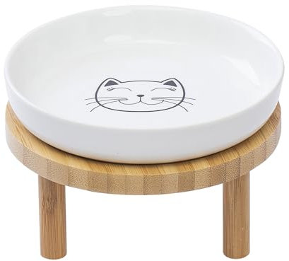 Lusifaco Shallow Elevated Cat Bowls, 15 cm Wide Raised Ceramic Cat Dishes with Bamboo Stand, Whisker Friendly Pet Water or Food Plates Feeding Station for Indoor Cats, Kitten(set of 1))