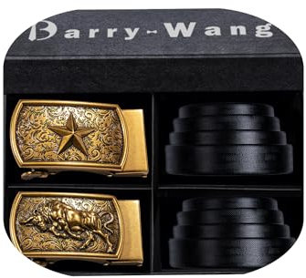Barry.Wang Gürtel Herren 2 Stück Ledergürtel Ratsche Automatikschließe für Anzug Gürtel-3,5cm Breite Business mit Geschenkbox Star Bull Muster Schwarz