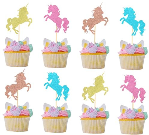 Arthsdite 24Pcs Unicorn Cupcake Toppers Colorful Unicorn Horse Cupcake Food Picks Baby Shower Wedding Kids Birthday Party Cake Decorations Supplies - 4 Colors Glitter