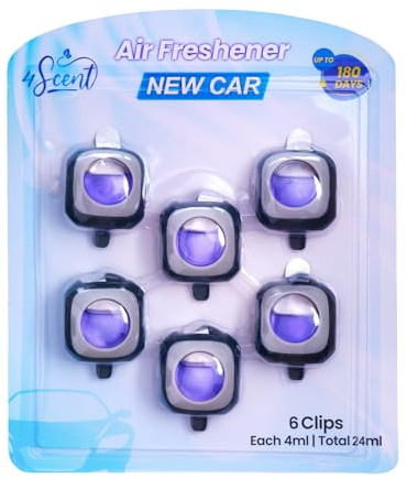4SCENT Car Air Fresheners Vent Clip, New Car Scent, 6 Pack, Long Lasting, Made with Essential Oils, Adjustable Intensity, Up to 30 Days per Clip, 6 Months per Pack, Helps Manage Everyday Odours